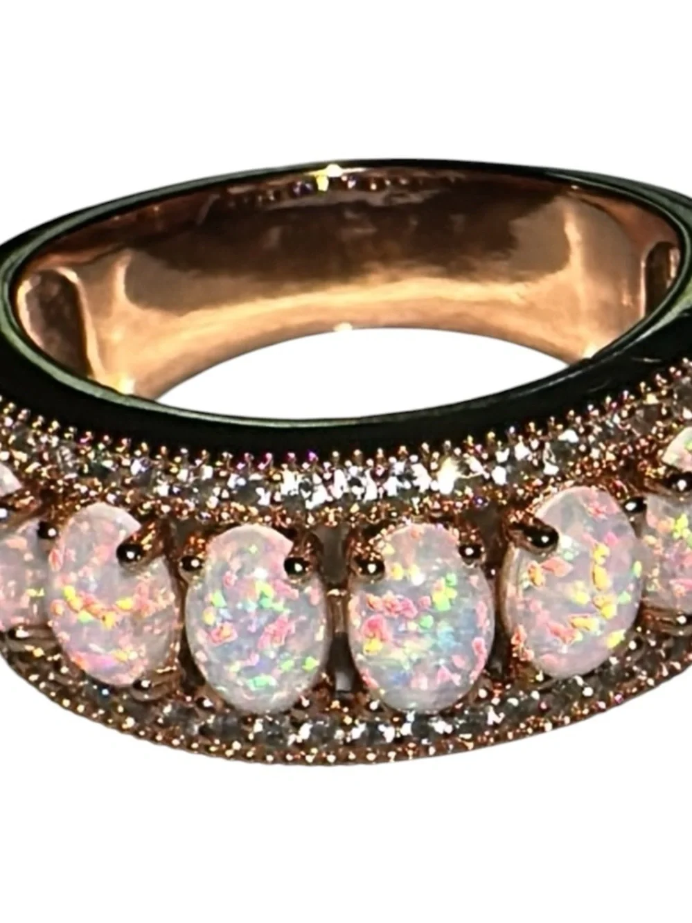 Opal & Cubic Zirconia Rose Gold Band Ring - White Opal Accent